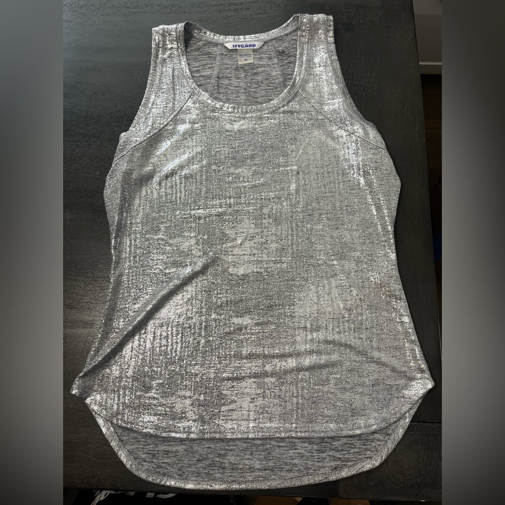 Nygard Womens Metallic Silver Foil Tank Top Gray Scoop‎ Neck High Low Hem Med